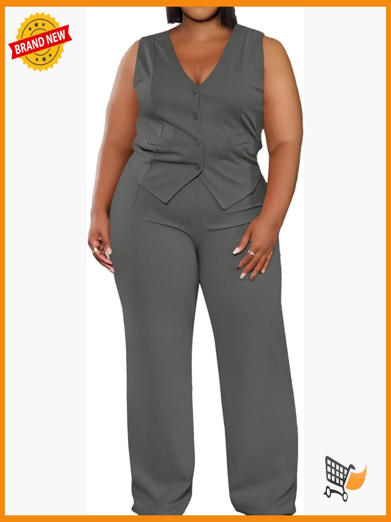 Plus Size 2 Piece Pant Suit Button Vest Blazer Wide Leg Pants Set